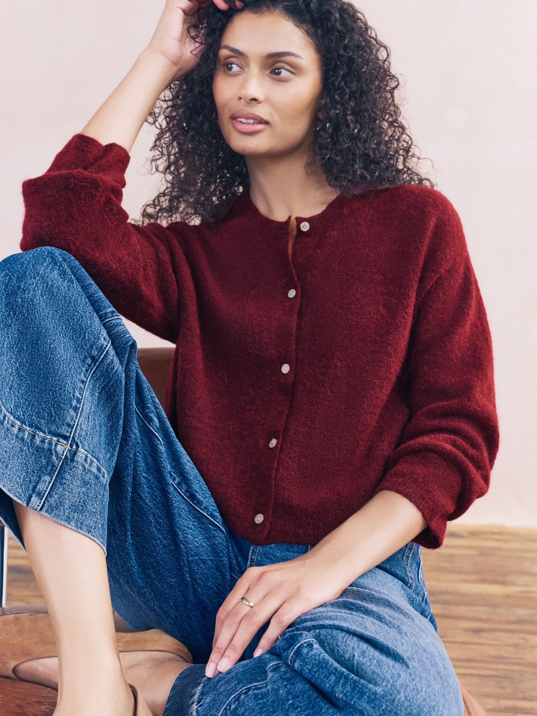 Buy Berry Red Soft Touch Crew Neck Knitted Cardigan With Wool from