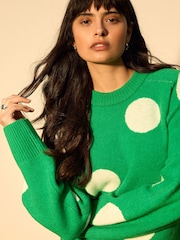 ブライトグリーン 水玉 - クルーネック ニット ウール セーター - 画像 4 / 7