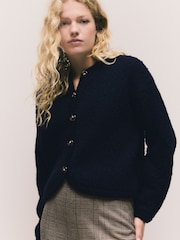 Navy Blue Textured Knitted Jacket With Wool - Image 1 of 7