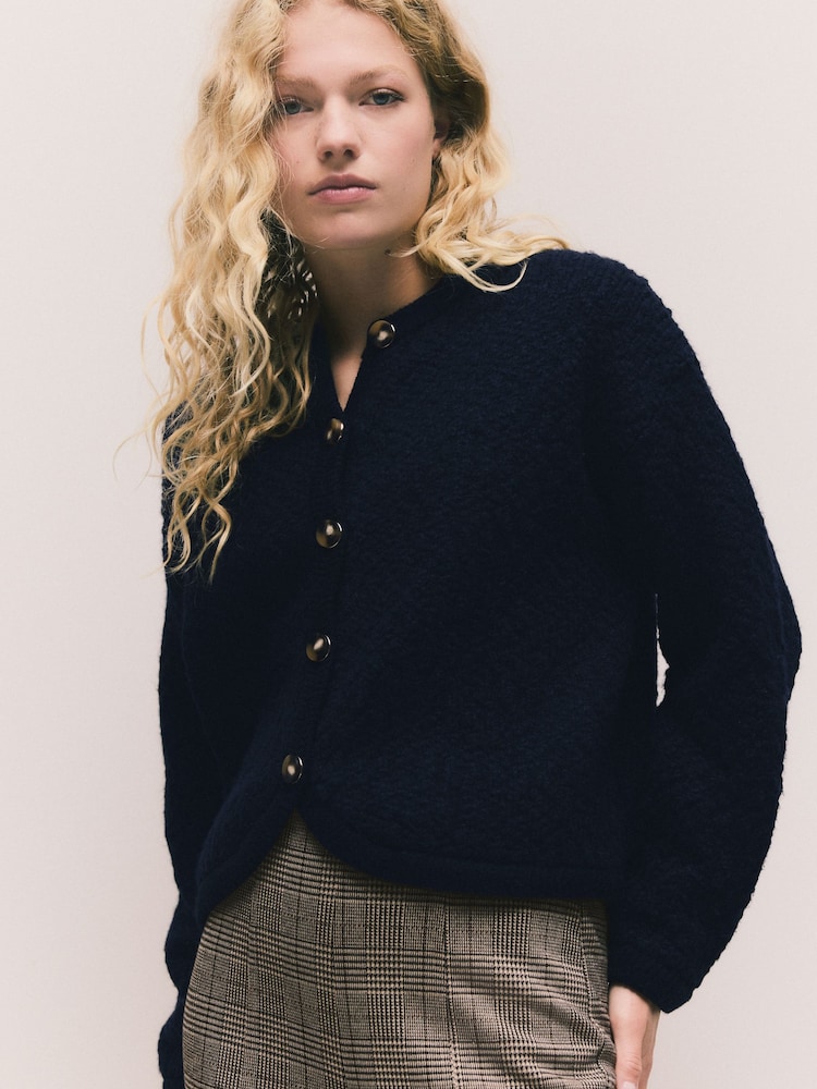 Navy Blue Textured Knitted Jacket With Wool - Image 1 of 7 Navy Blue Textured Knitted Jacket With Wool - Image 1 of 7