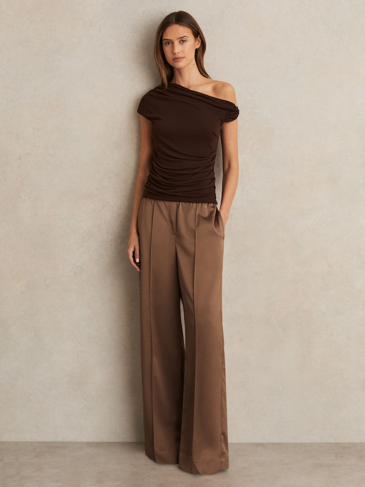 Reiss Taupe Neutral Elsie Satin Wide Leg Elastic Waist Trousers - Image 1 of 6