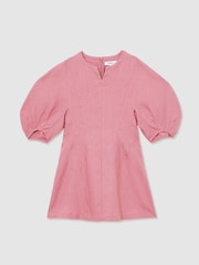 Reiss Pink Romy Linen Balloon-Sleeve Dress - Image 1 of 5