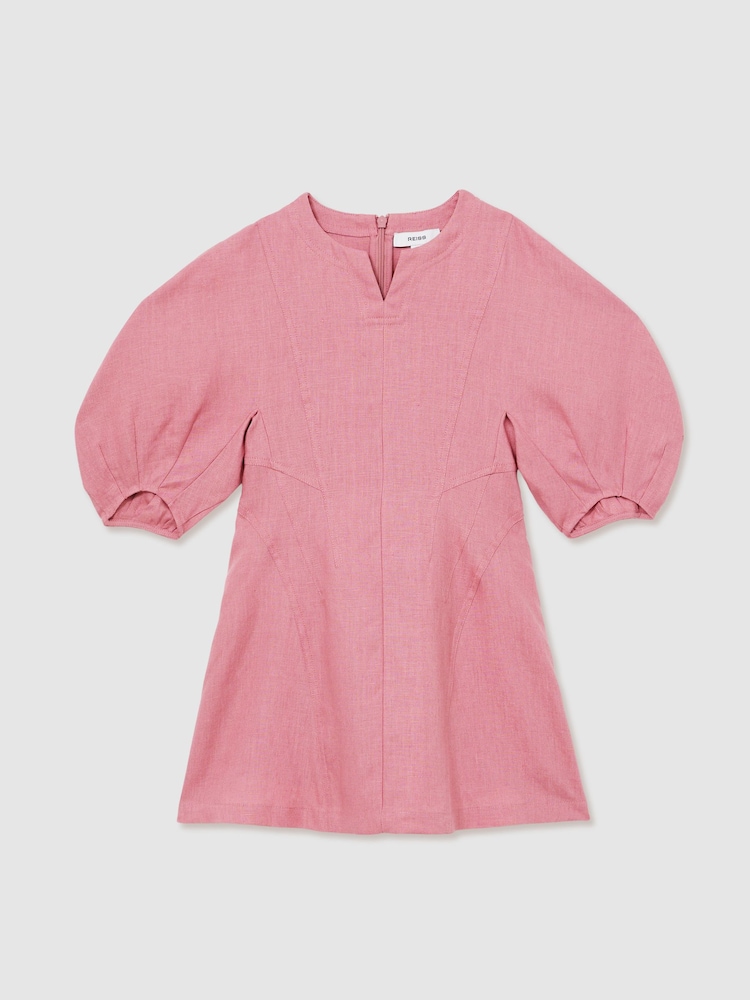 Reiss Pink Romy Linen Balloon-Sleeve Dress - Image 1 of 5