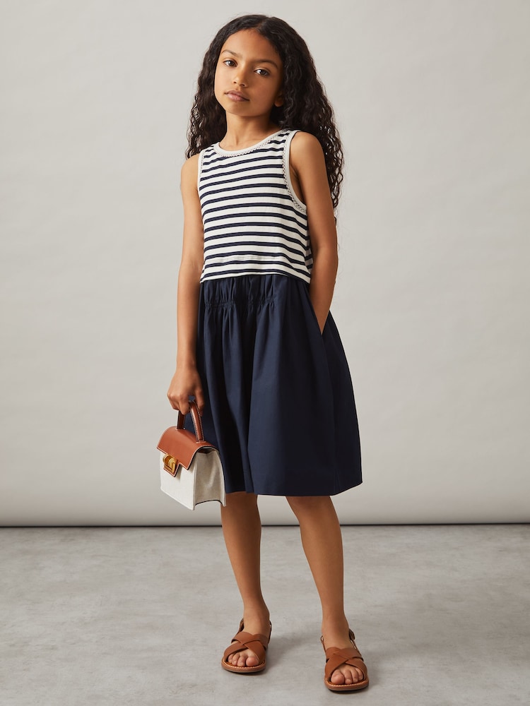 Reiss Navy Wren Cotton Stripe Layered Sleeveless Dress - Image 1 of 4