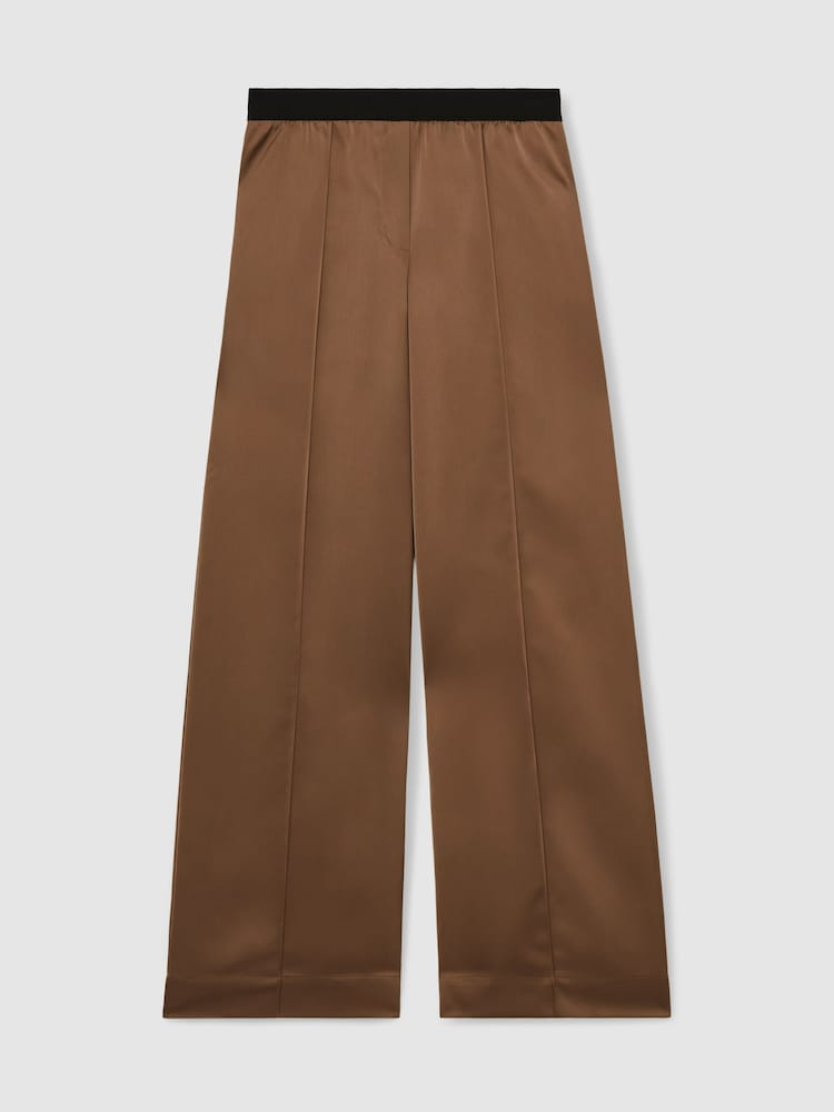 Reiss Taupe Neutral Elsie Satin Wide Leg Elastic Waist Trousers - Image 2 of 7