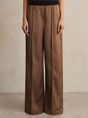 Reiss Taupe Neutral Elsie Satin Wide Leg Elastic Waist Trousers - Image 3 of 7