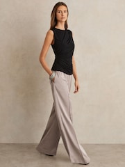 Reiss Grey Elsie Satin Wide Leg Elastic Waist Trousers - Image 1 of 7