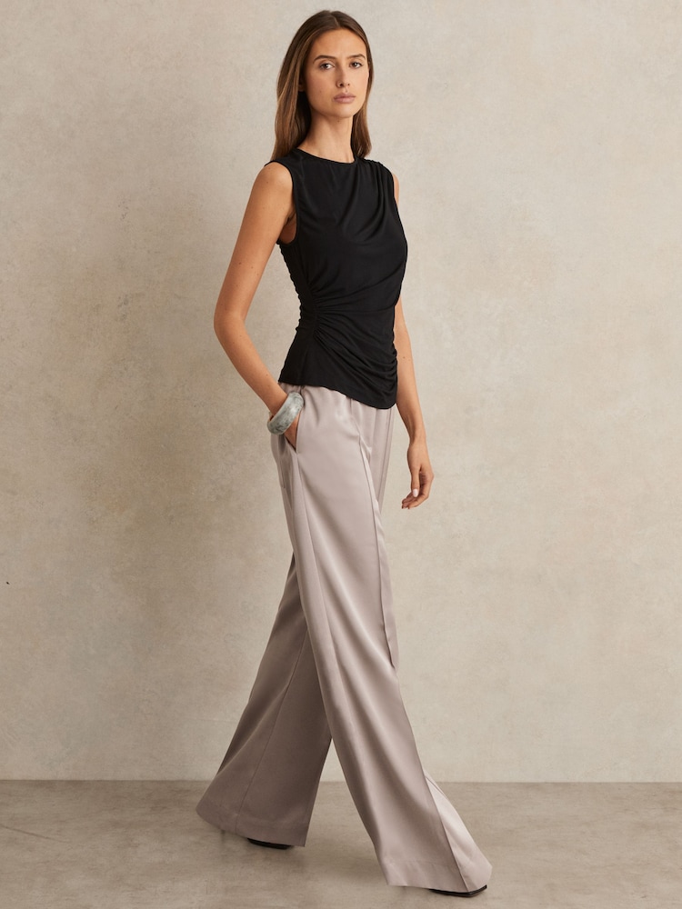 Reiss Grey Elsie Satin Wide Leg Elastic Waist Trousers - Image 1 of 7