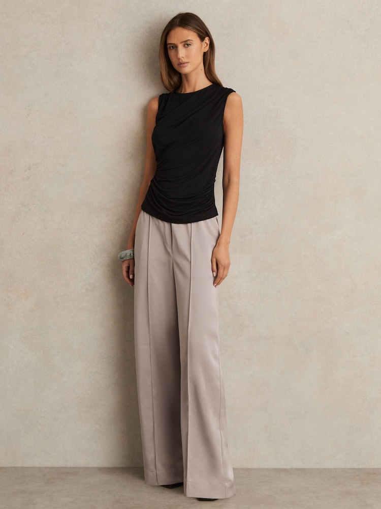 Reiss Grey Elsie Satin Wide Leg Elastic Waist Trousers - Image 1 of 6