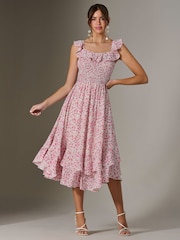Jolie Moi Pink Ruffle Shirred Woven Midi Dress - Image 1 of 6