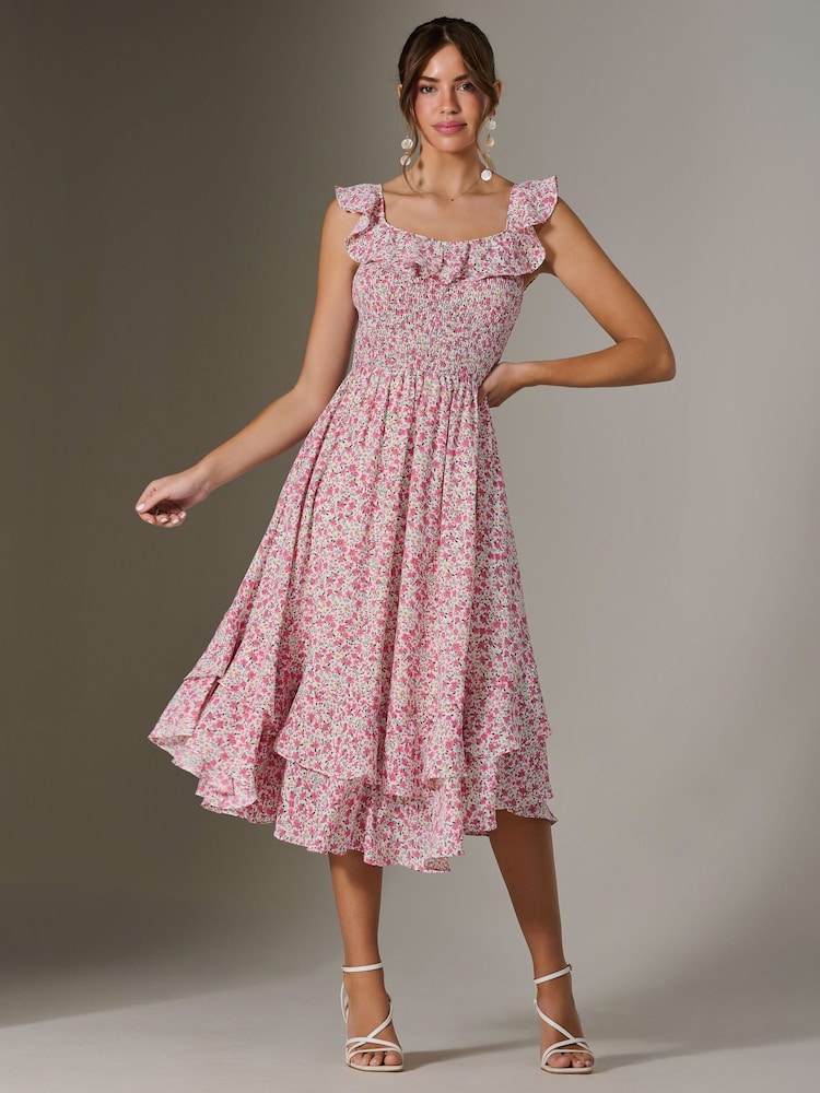 Jolie Moi Pink Ruffle Shirred Woven Midi Dress - Image 1 of 6