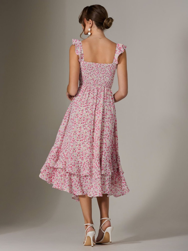 Jolie Moi Pink Ruffle Shirred Woven Midi Dress - Image 2 of 6