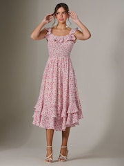 Jolie Moi Pink Ruffle Shirred Woven Midi Dress - Image 4 of 6