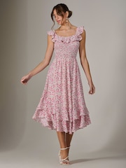 Jolie Moi Pink Ruffle Shirred Woven Midi Dress - Image 5 of 6