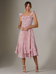 Jolie Moi Pink Ruffle Shirred Woven Midi Dress - Image 6 of 6