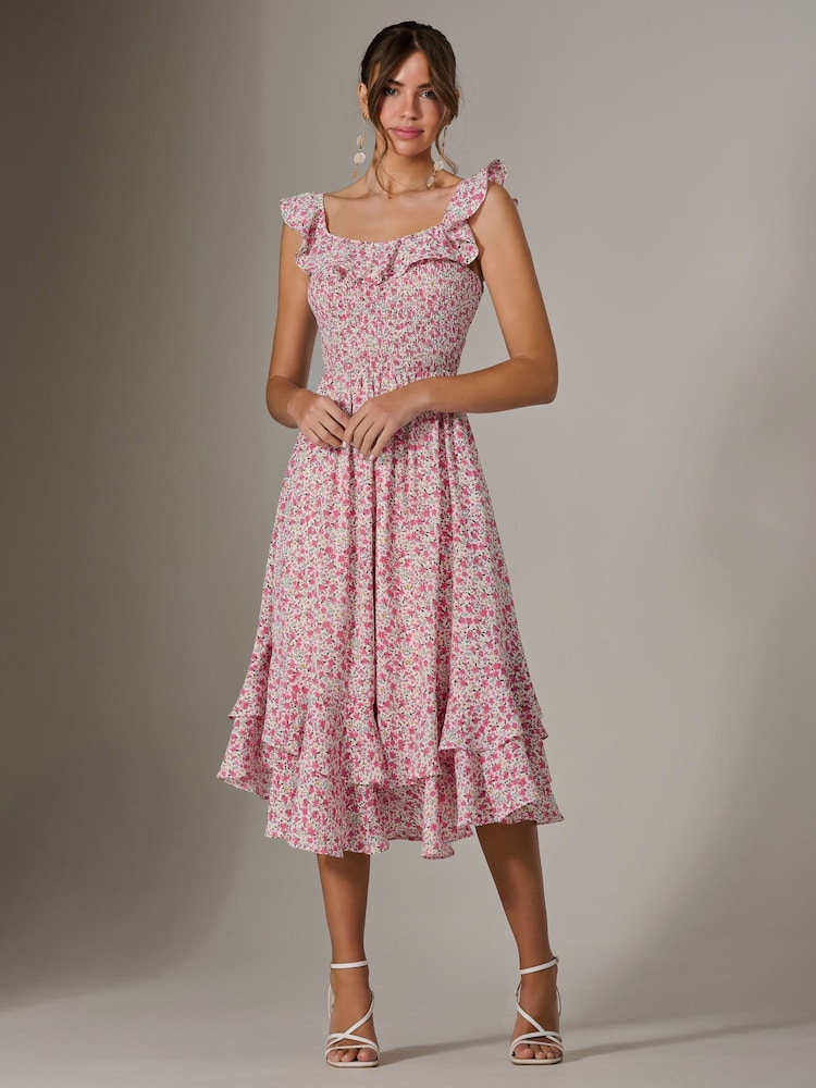Jolie Moi Pink Ruffle Shirred Woven Midi Dress - Image 6 of 6