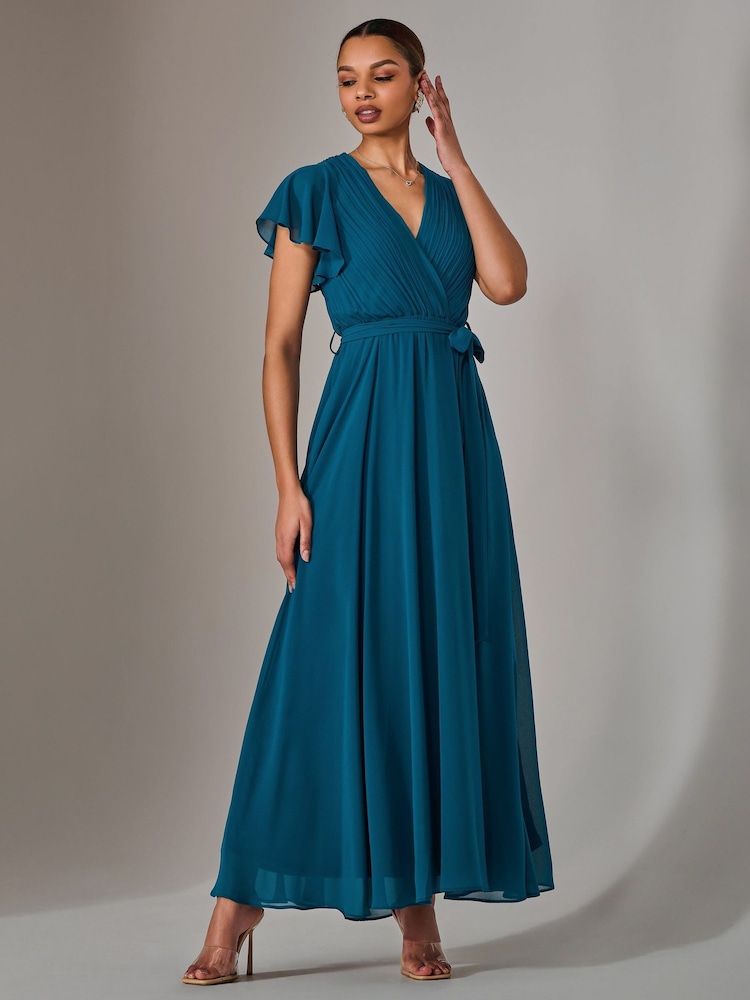 Jolie Moi Blue Chiffon Flutter Sleeve Maxi Dress - Image 3 of 6