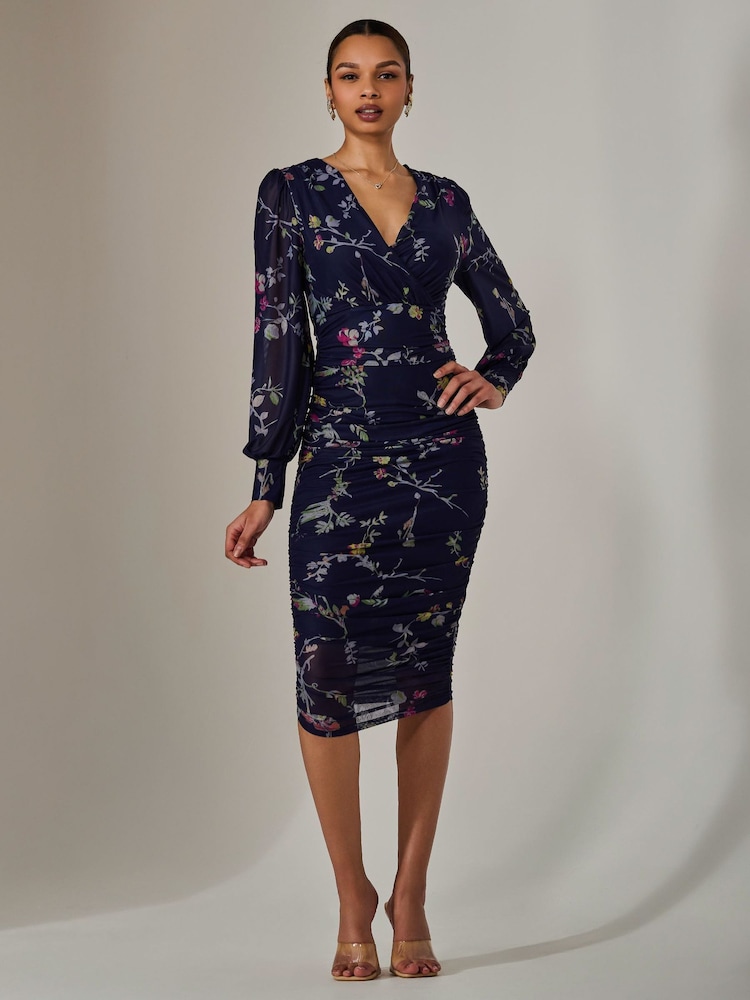 Jolie Moi Light Blue Mesh Long Sleeve Ruched Bodycon Dress - Image 6 of 6 Jolie Moi Light Blue Mesh Long Sleeve Ruched Bodycon Dress - Image 6 of 6