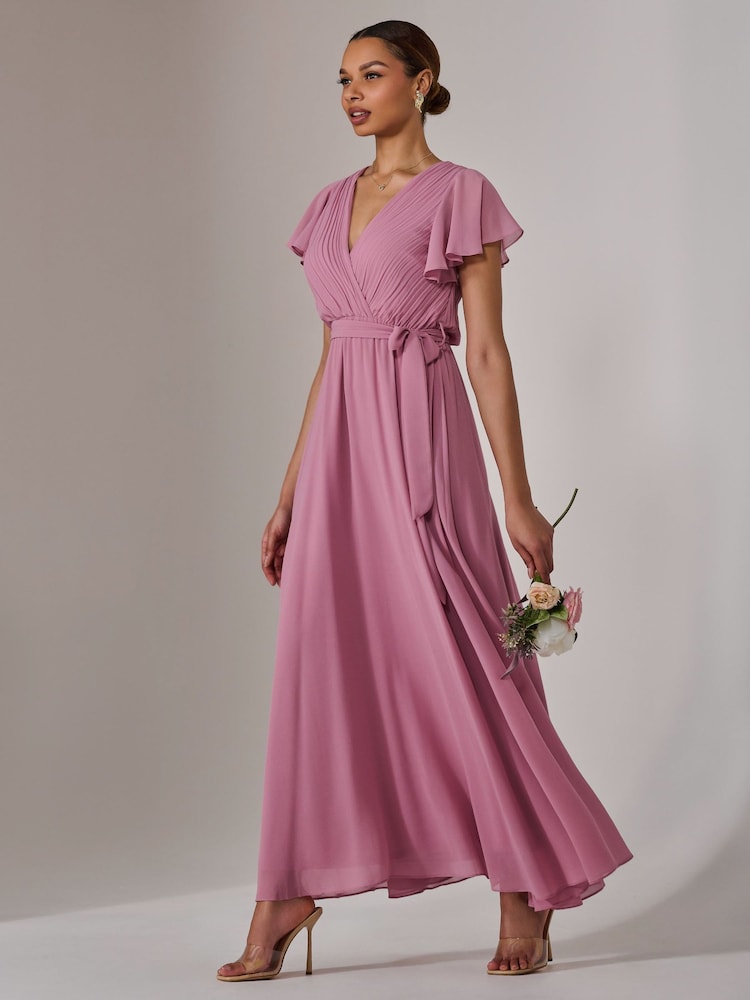 Jolie Moi Pink Chiffon Flutter Sleeve Maxi Dress - Image 3 of 6