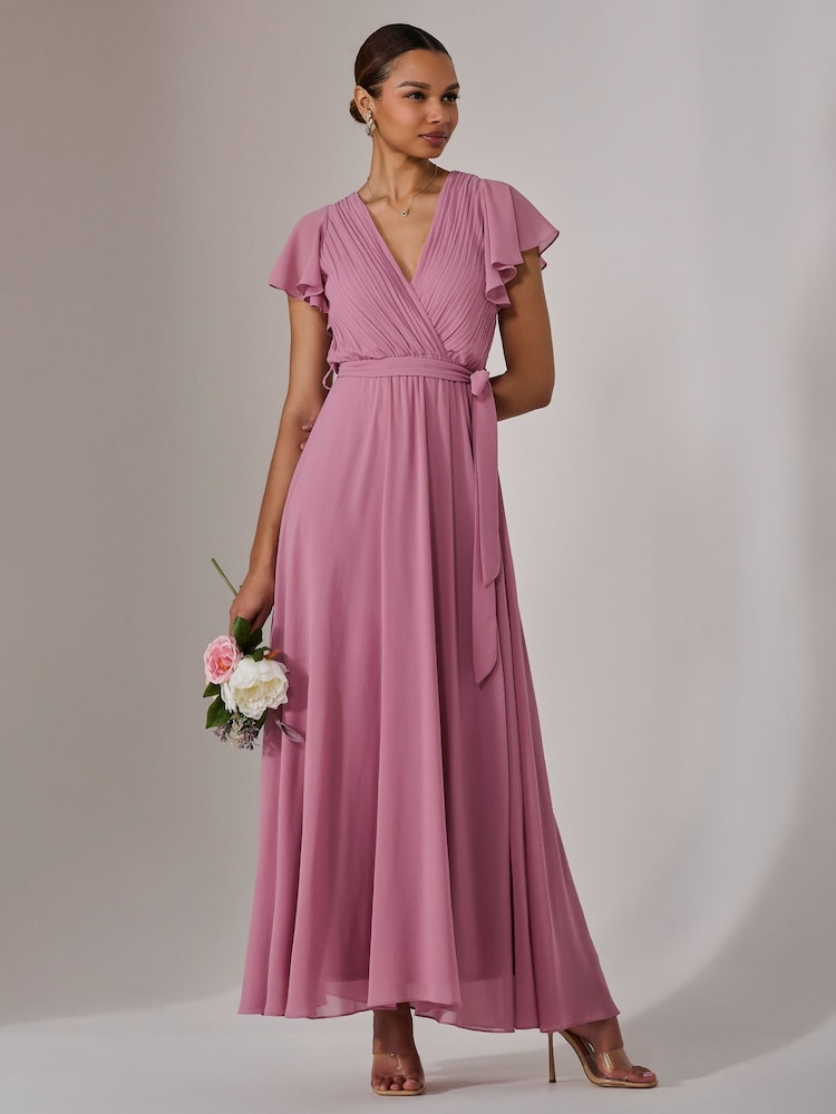 Jolie Moi Pink Chiffon Flutter Sleeve Maxi Dress - Image 4 of 6