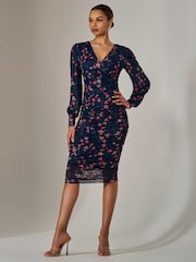 Blau - Jolie Moi – figurbetontes Kleid aus Netzstoff mit langen Ärmeln und Rüschen - Bild 4 von 6