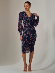 Blau - Jolie Moi – figurbetontes Kleid aus Netzstoff mit langen Ärmeln und Rüschen - Bild 5 von 6