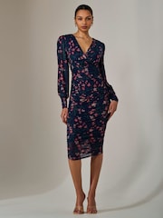 Blau - Jolie Moi – figurbetontes Kleid aus Netzstoff mit langen Ärmeln und Rüschen - Bild 6 von 6