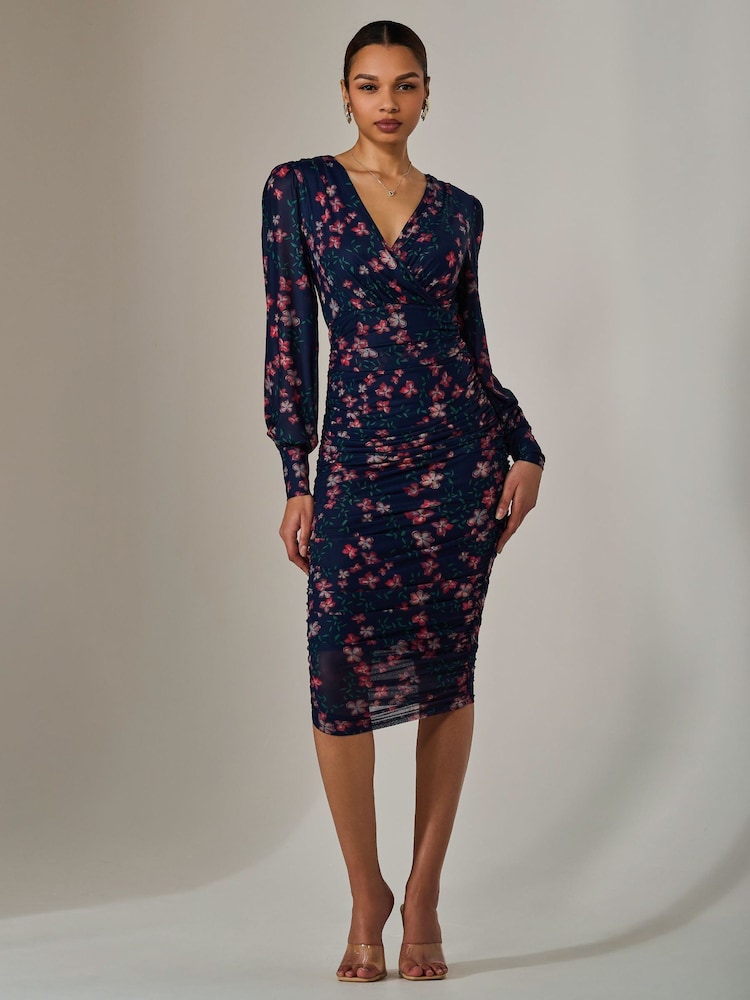 Jolie Moi Blue Mesh Long Sleeve Ruched Bodycon Dress - Image 6 of 6 Jolie Moi Blue Mesh Long Sleeve Ruched Bodycon Dress - Image 6 of 6