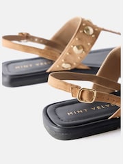 Mint Velvet Brown Tan Studded Sling Back Flat Sandals - Image 4 of 4