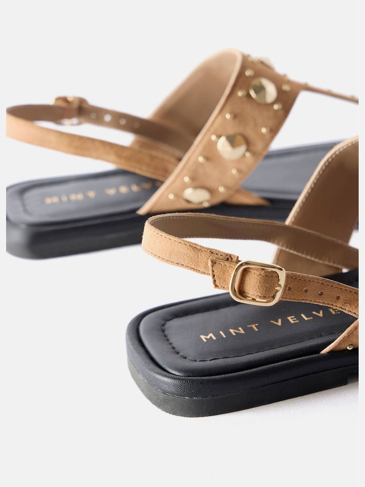 Mint Velvet Brown Tan Studded Sling Back Flat Sandals - Image 4 of 4