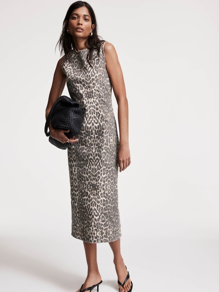 Mint Velvet Cream Leopard Print Denim Column Dress - Image 1 of 1