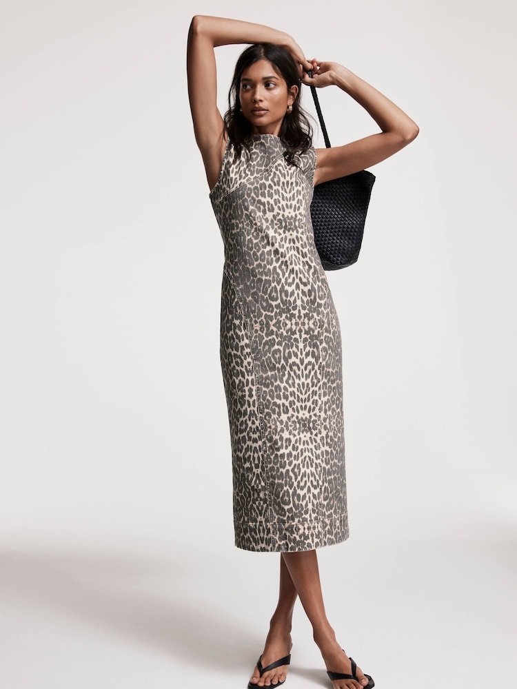 Mint Velvet Cream Leopard Print Denim Column Dress - Image 2 of 8
