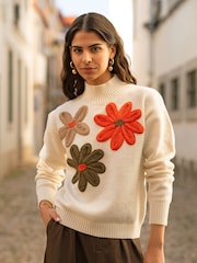 Yumi Cream Knitted Jumper With Appliqué Flower - Image 1 of 5