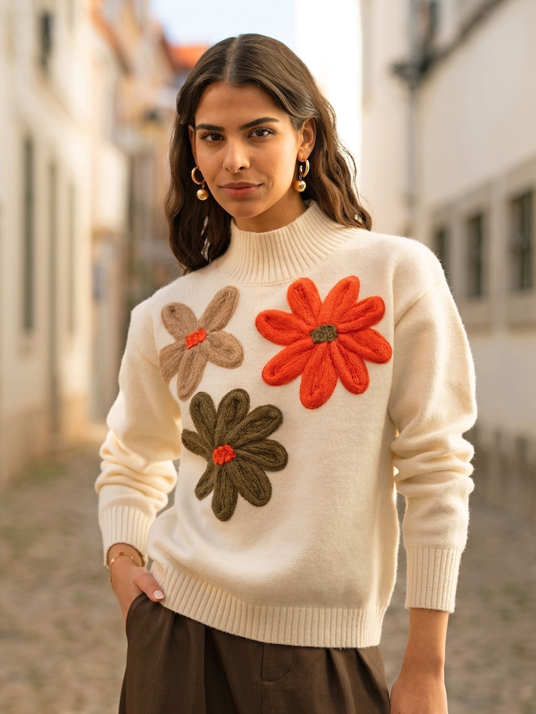 Yumi Cream Knitted Jumper With Appliqué Flower - Image 1 of 5