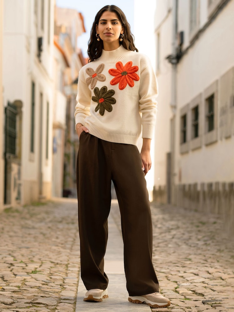 Yumi Cream Knitted Jumper With Appliqué Flower - Image 2 of 5