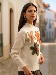 Yumi Cream Knitted Jumper With Appliqué Flower - Image 3 of 5