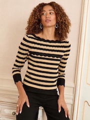 Love & Roses Camel Black Stripe Scallop Pointelle Fine Gauge Jumper - Image 1 of 4