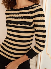 Love & Roses Camel Black Stripe Scallop Pointelle Fine Gauge Jumper - Image 2 of 4
