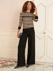 Love & Roses Camel Black Stripe Scallop Pointelle Fine Gauge Jumper - Image 3 of 4