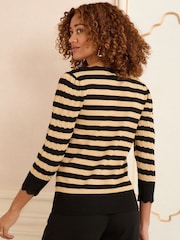 Love & Roses Camel Black Stripe Scallop Pointelle Fine Gauge Jumper - Image 4 of 4