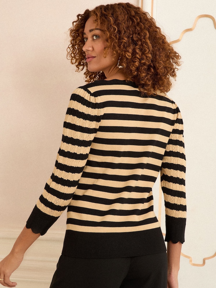 Love & Roses Camel Black Stripe Scallop Pointelle Fine Gauge Jumper - Image 4 of 4