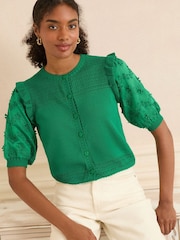 Love & Roses Bright Green Broderie Woven Sleeve Knit Cardigan - Image 1 of 4