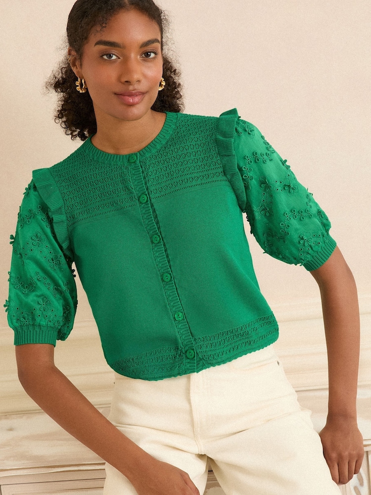 Love & Roses Bright Green Broderie Woven Sleeve Knit Cardigan - Image 1 of 4