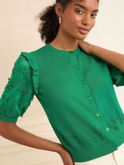 Love & Roses Bright Green Broderie Woven Sleeve Knit Cardigan - Image 2 of 4