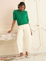 Love & Roses Bright Green Broderie Woven Sleeve Knit Cardigan - Image 3 of 4
