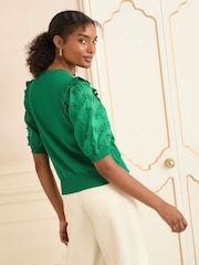 Love & Roses Bright Green Broderie Woven Sleeve Knit Cardigan - Image 4 of 4