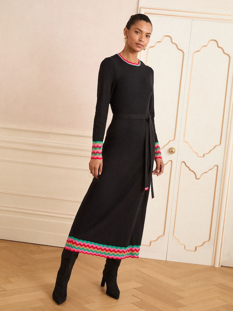 Love & Roses Black Wavy Rainbow Stripe Crew Neck Knitted Midi Dress - Image 5 of 5