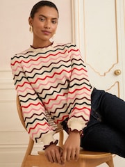 Love & Roses Cream Wavy Rainbow Stripe Frill Neck Knitted Jumper - Image 1 of 4