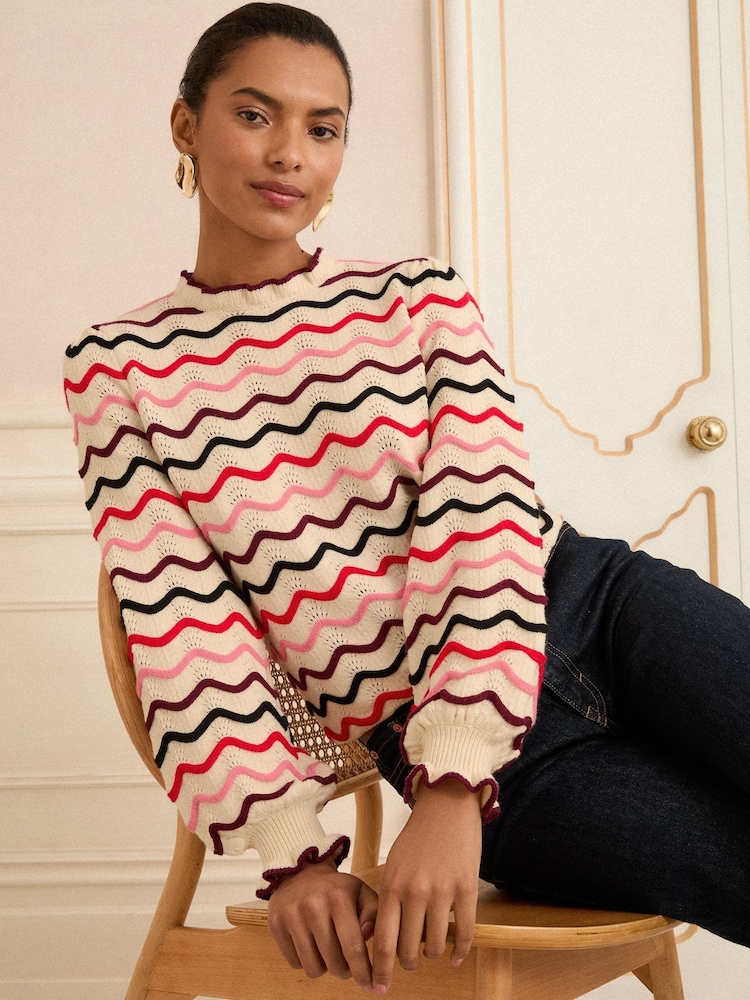 Love & Roses Cream Wavy Rainbow Stripe Frill Neck Knitted Jumper - Image 1 of 4