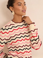 Love & Roses Cream Wavy Rainbow Stripe Frill Neck Knitted Jumper - Image 2 of 4
